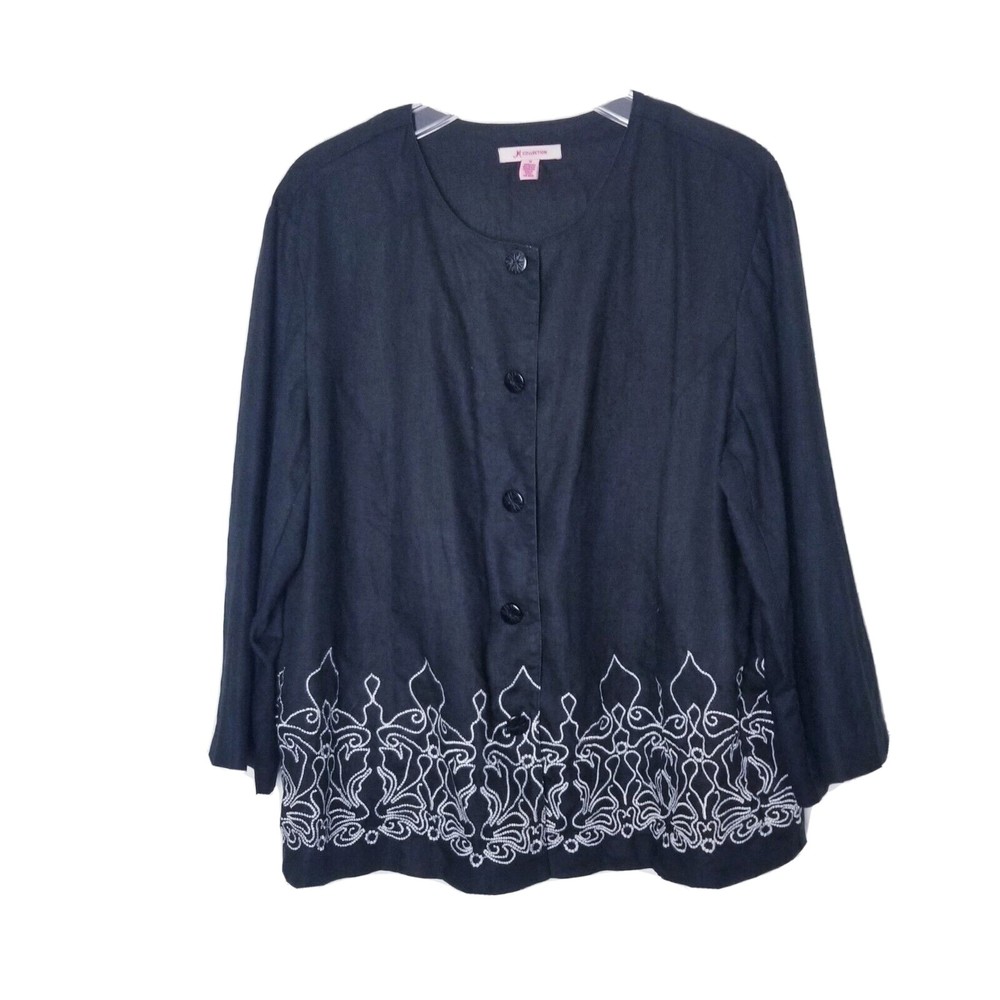 J M Collection Embroidered Floral Linen Button Shirt Jacket Women Size 18